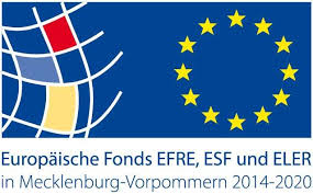Logo, blauer Grund, bunte Vierecke, Kreis aus gelben Sternen, Europäischer Fonds EFR in Mecklenburg-Vorpommern